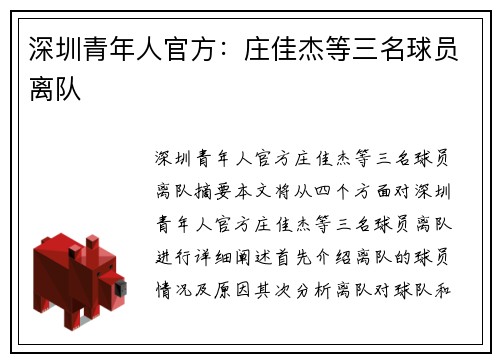 深圳青年人官方：庄佳杰等三名球员离队
